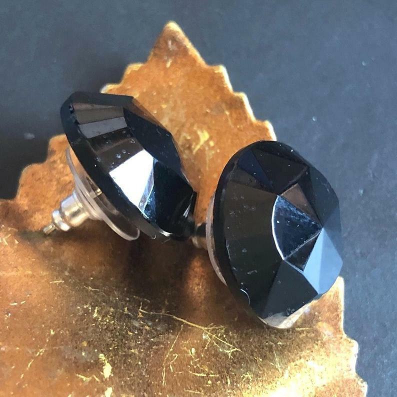 Button Earrings 1900s Large Vintage Faceted Black Jet Glass Post 3/4" 18 mm