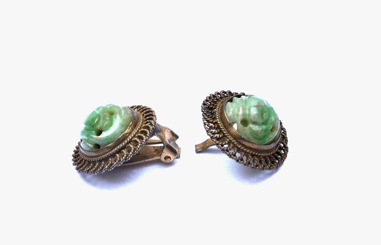 1900's Chinese Green Jade Jadeite Carved Carving Bead Cabochon Clip On Earrings