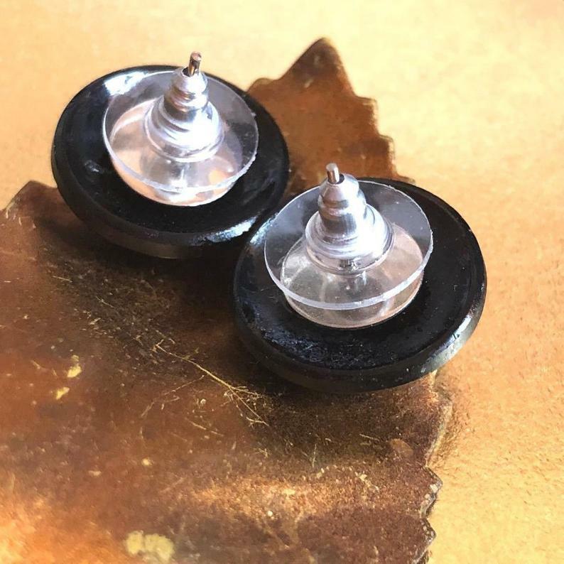 Button Earrings 1900s Large Vintage Faceted Black Jet Glass Post 3/4" 18 mm