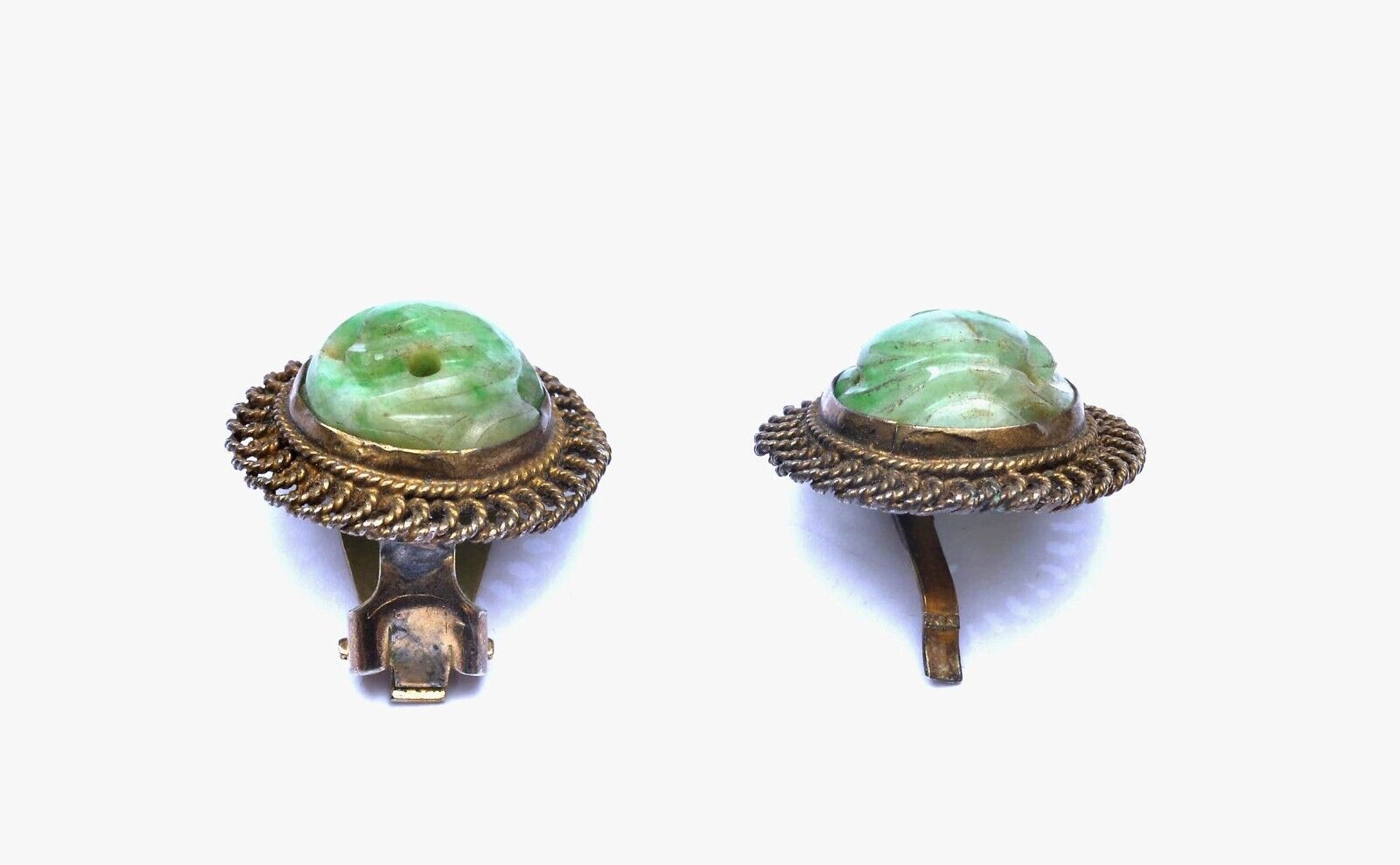 1900's Chinese Green Jade Jadeite Carved Carving Bead Cabochon Clip On Earrings