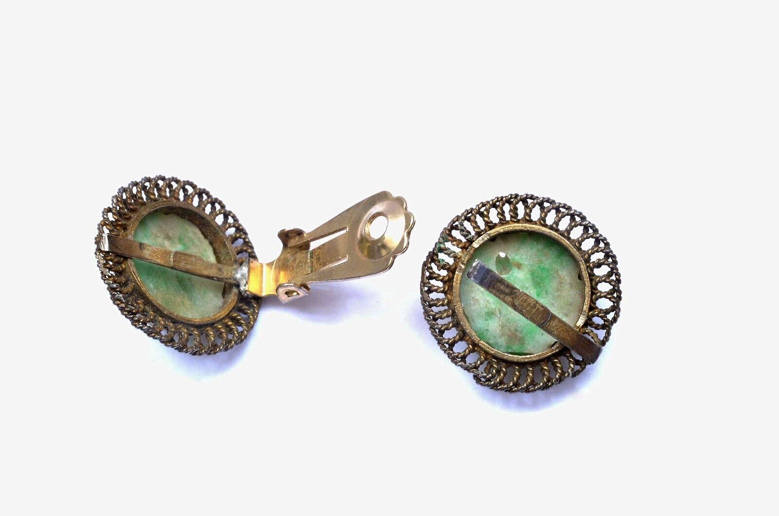 1900's Chinese Green Jade Jadeite Carved Carving Bead Cabochon Clip On Earrings