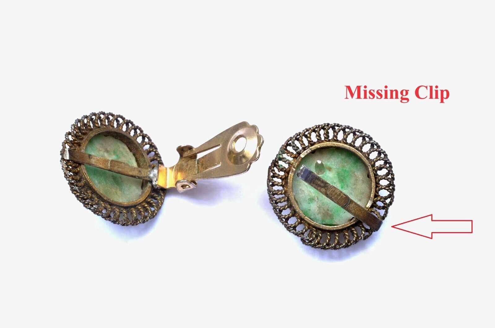 1900's Chinese Green Jade Jadeite Carved Carving Bead Cabochon Clip On Earrings