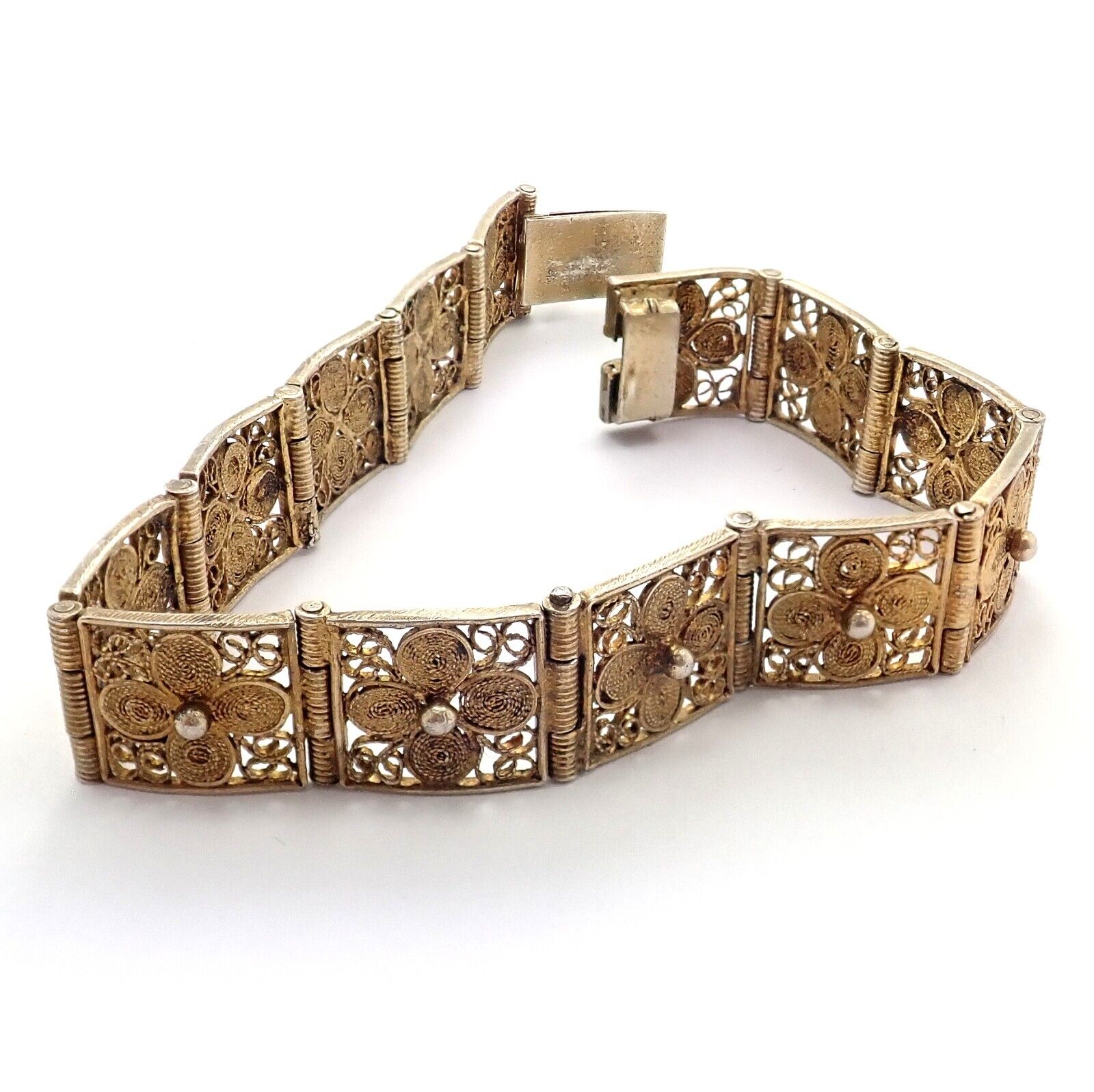 Rare! Vintage Antique 800 Silver Filigree Panel Flower Bracelet 1900's