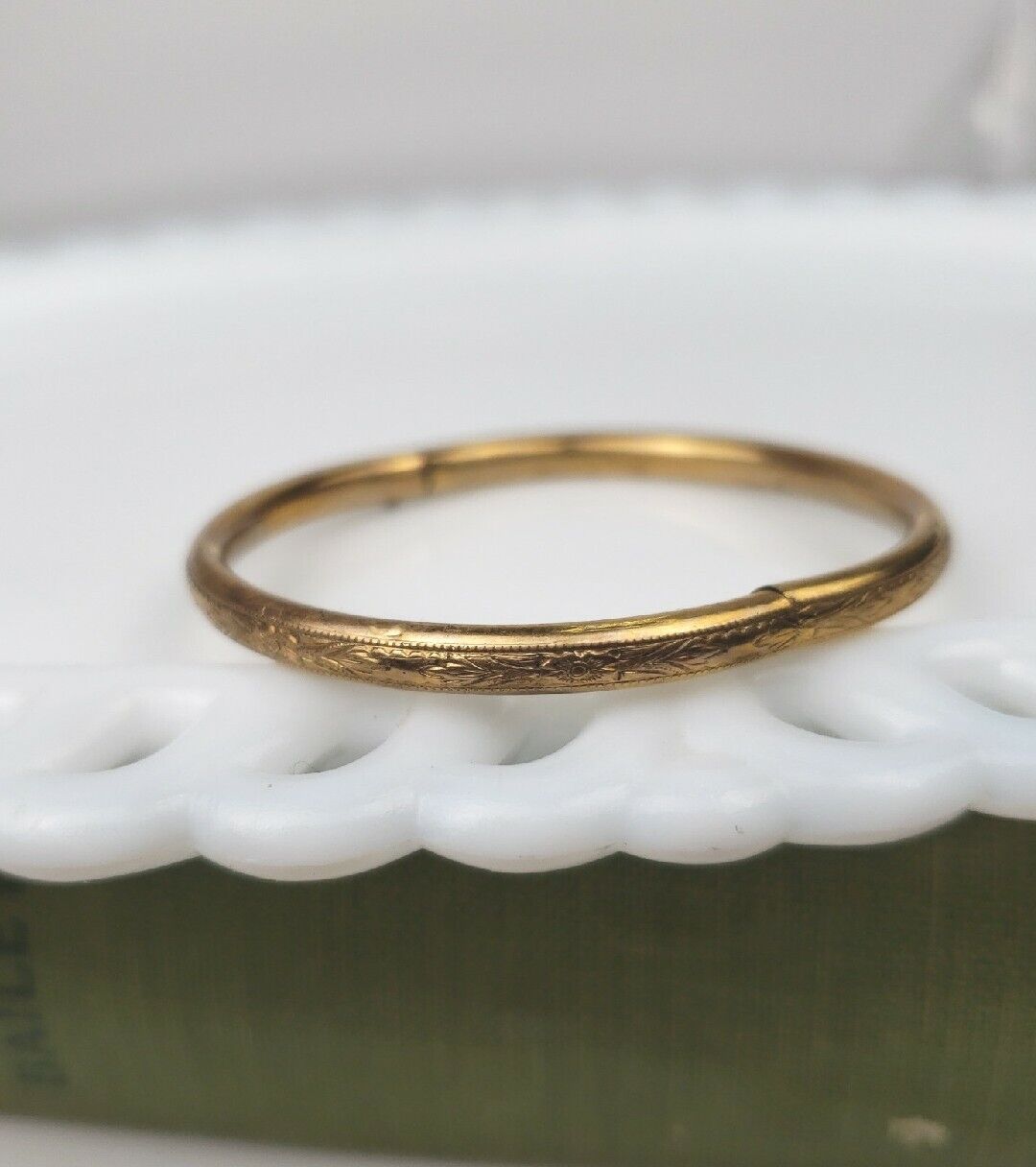 Lestage Gold Baby Bracelet 1/20 12k Gold Filled Hinged Antique Carved 1900s