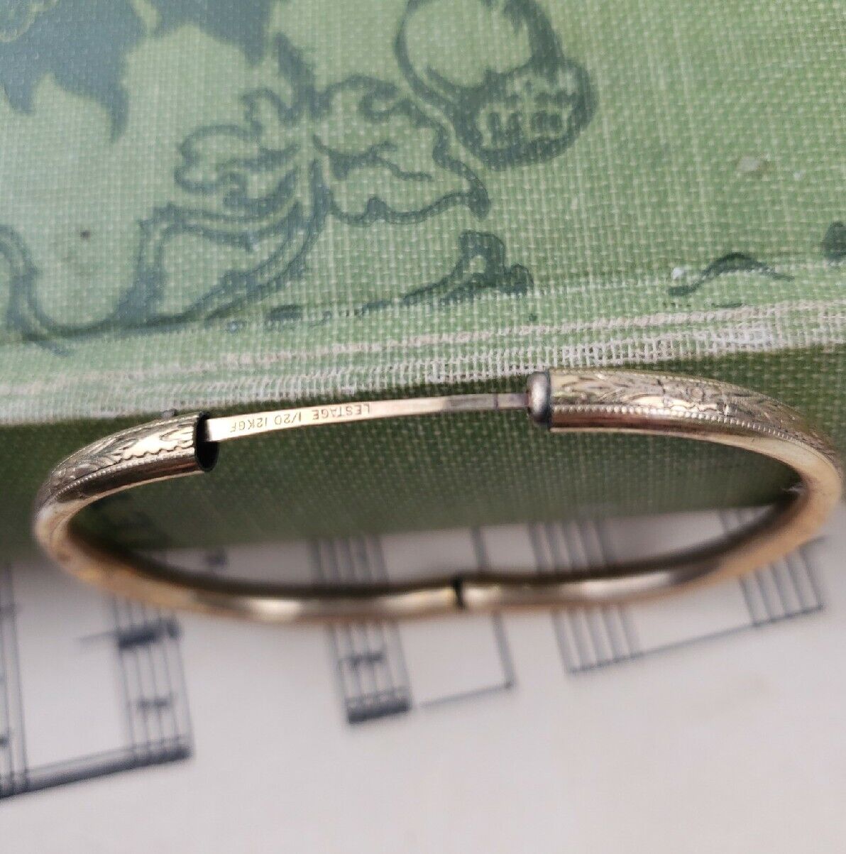 Lestage Gold Baby Bracelet 1/20 12k Gold Filled Hinged Antique Carved 1900s