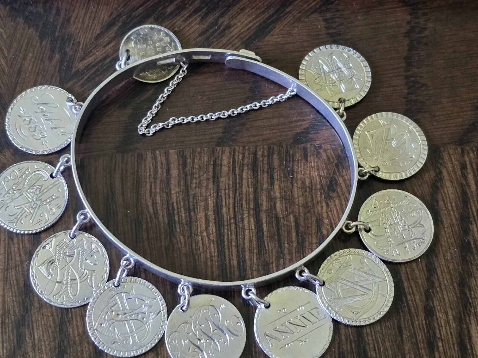 1800’s Victorian Silver Love Token Bracelet 10 Seated Liberty Dime Love Tokens