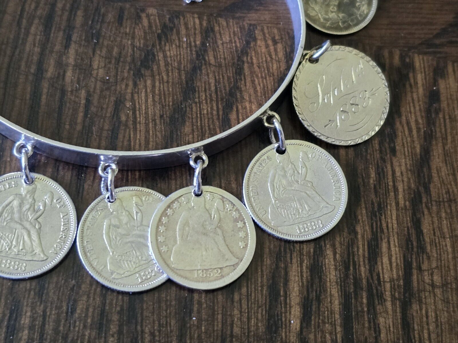1800’s Victorian Silver Love Token Bracelet 10 Seated Liberty Dime Love Tokens