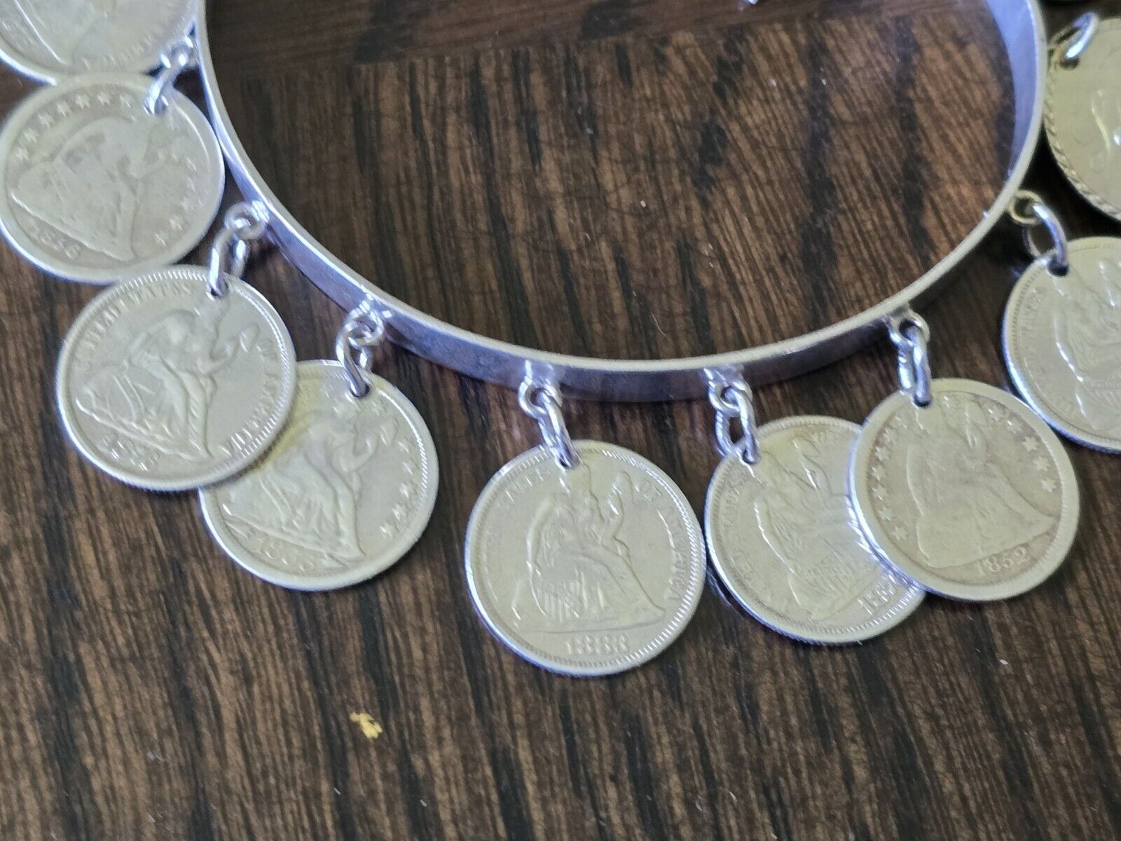 1800’s Victorian Silver Love Token Bracelet 10 Seated Liberty Dime Love Tokens