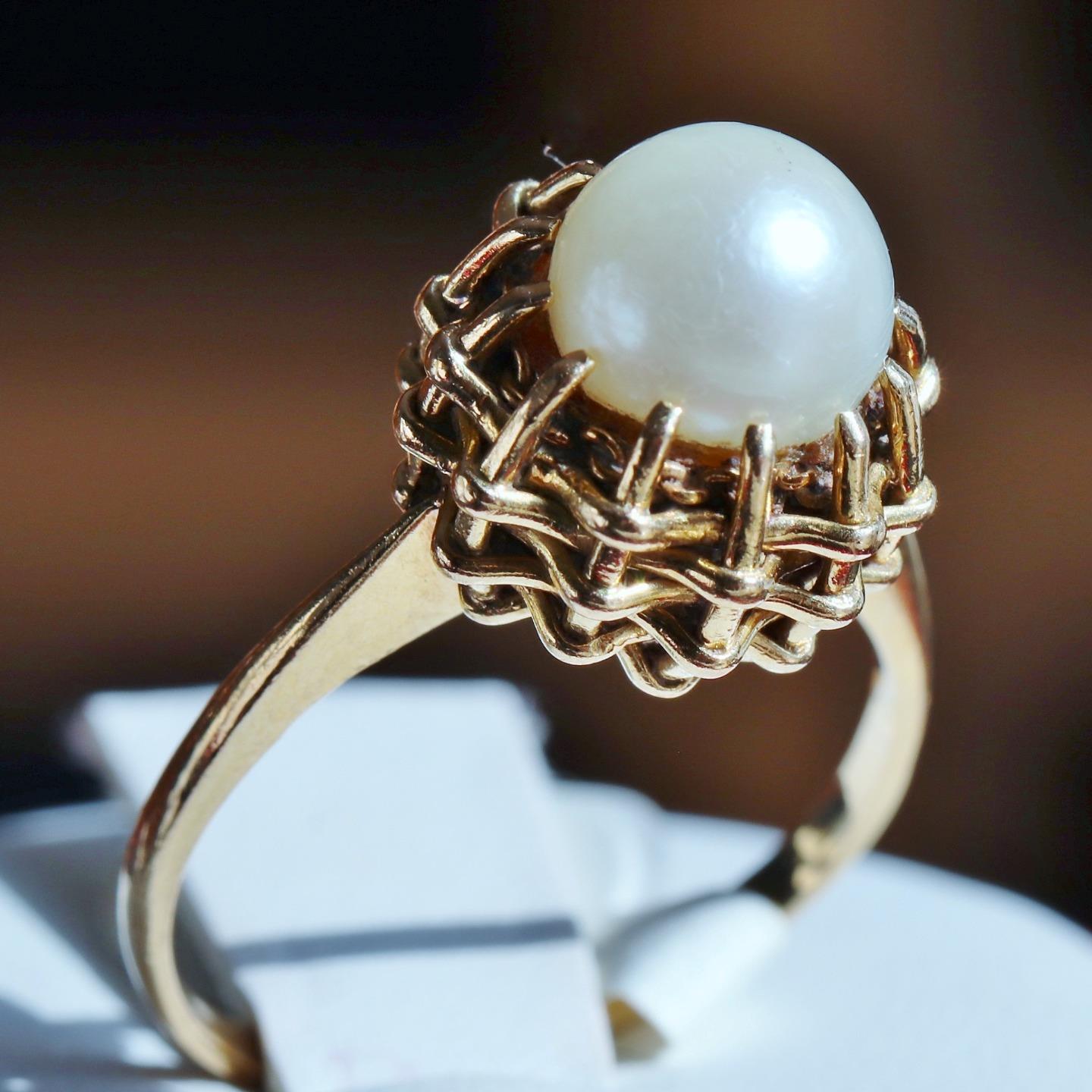 14k yellow gold ring 7.5mm cultured pearl size 6.5 handmade 1900's 4.1gr N3100F