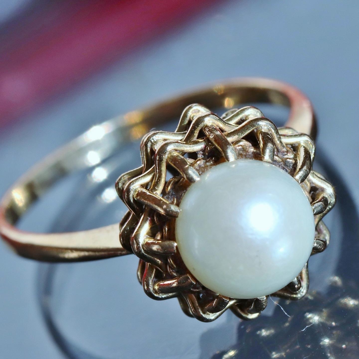 14k yellow gold ring 7.5mm cultured pearl size 6.5 handmade 1900's 4.1gr N3100F