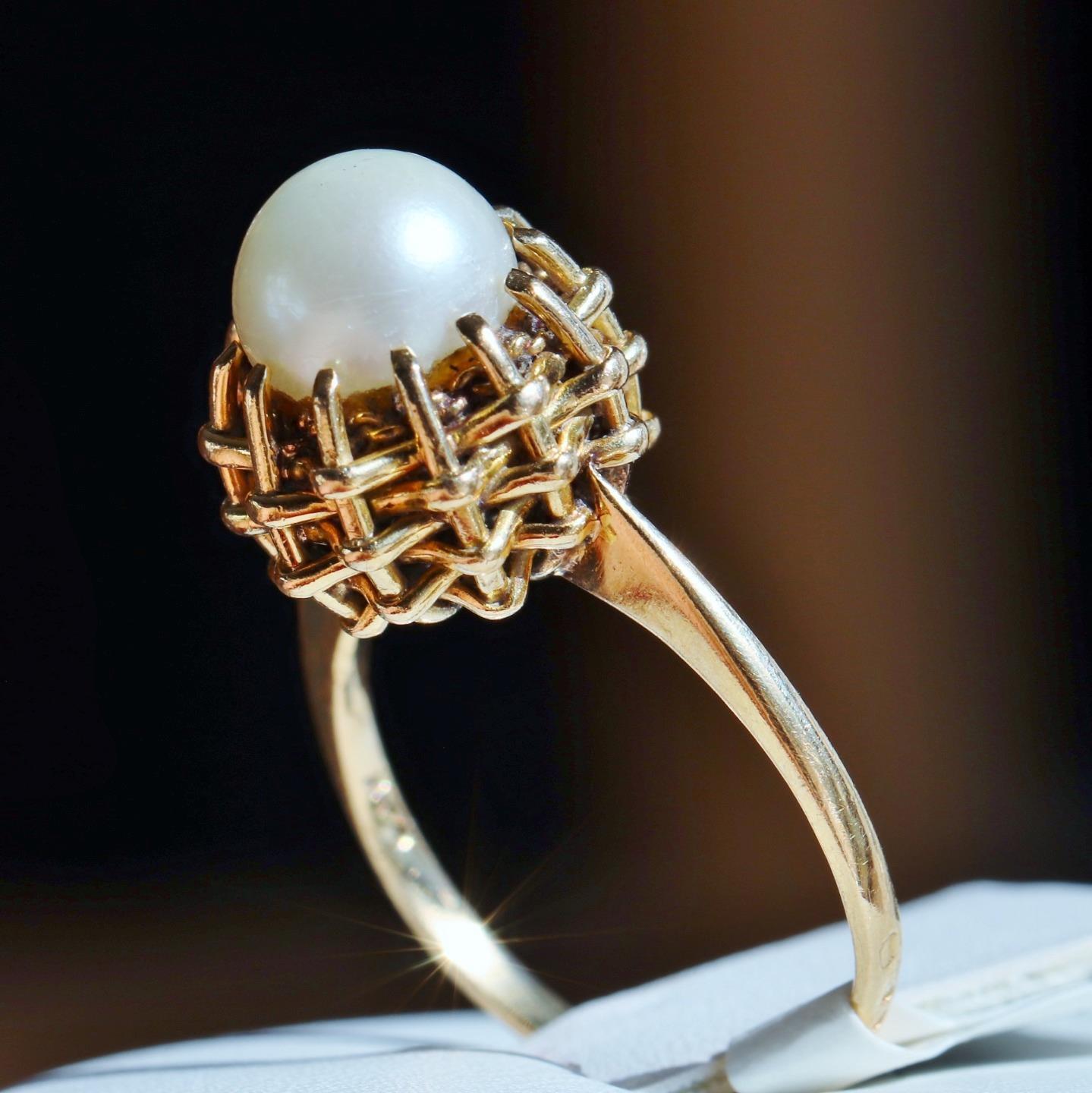 14k yellow gold ring 7.5mm cultured pearl size 6.5 handmade 1900's 4.1gr N3100F