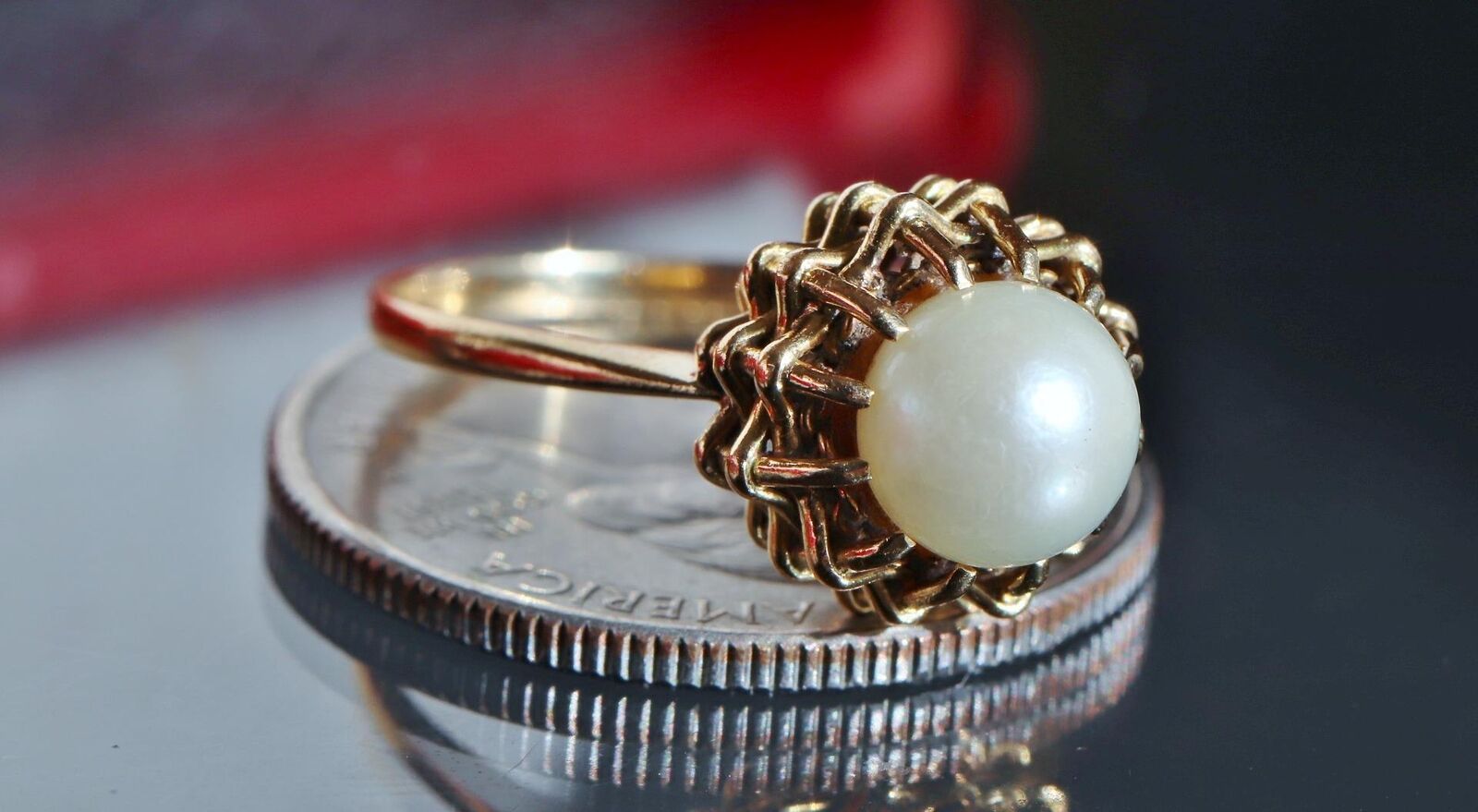 14k yellow gold ring 7.5mm cultured pearl size 6.5 handmade 1900's 4.1gr N3100F