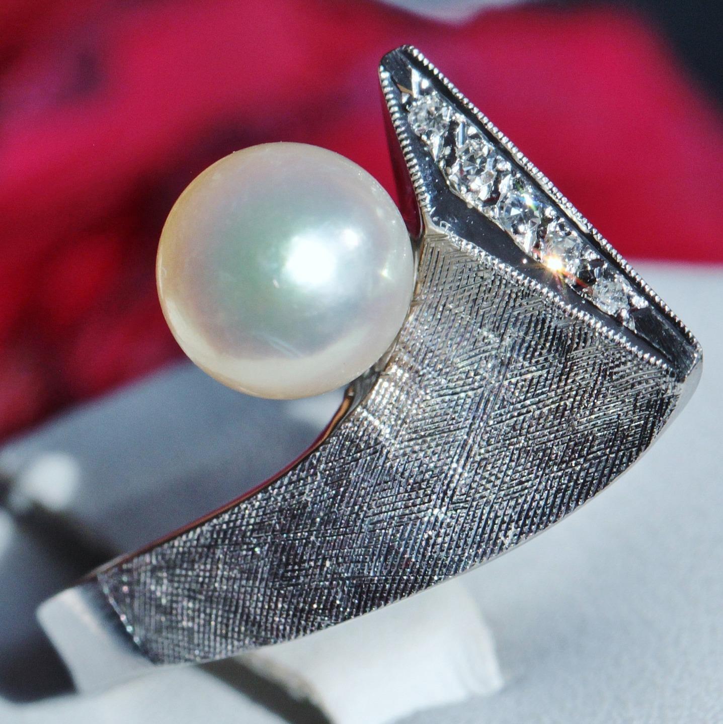 14k white gold 7mm cultured pearl & diamond ring size 5.5 handmade 1900's  6.0gr