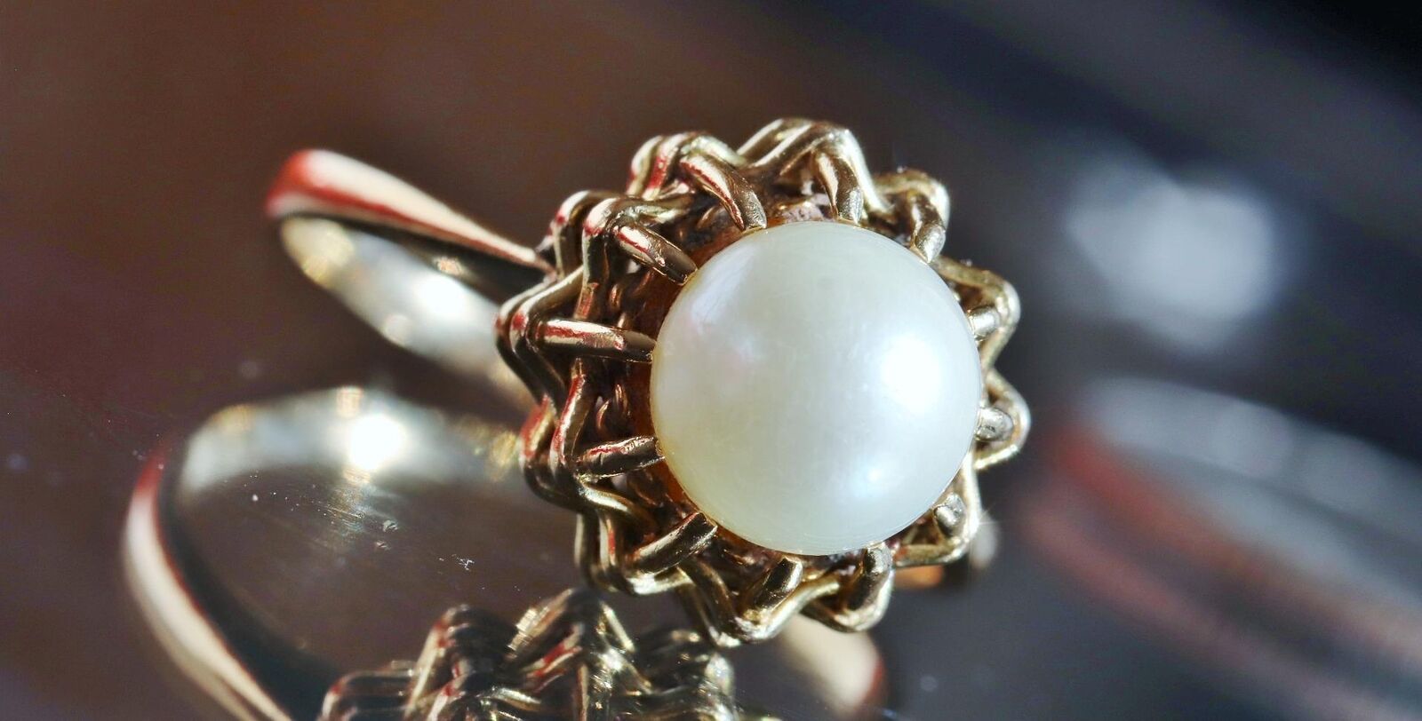 14k yellow gold ring 7.5mm cultured pearl size 6.5 handmade 1900's 4.1gr N3100F