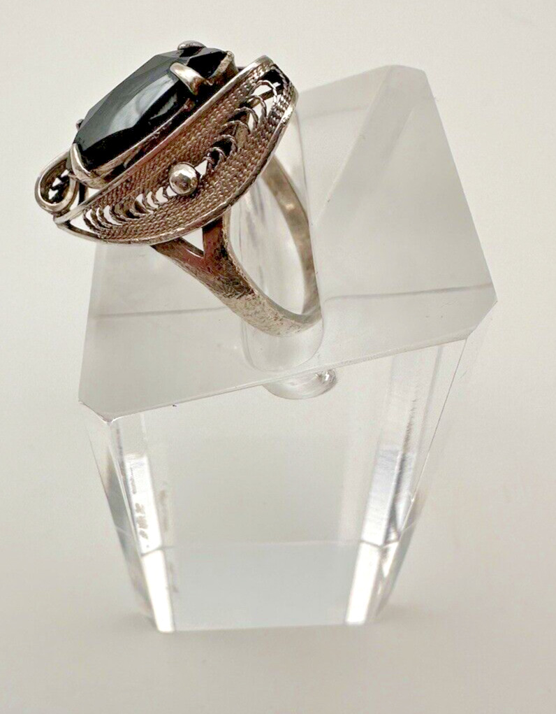 Vintage Onyx Sterling Silver Filigree Sorrento Ring circa early to mid 1900s