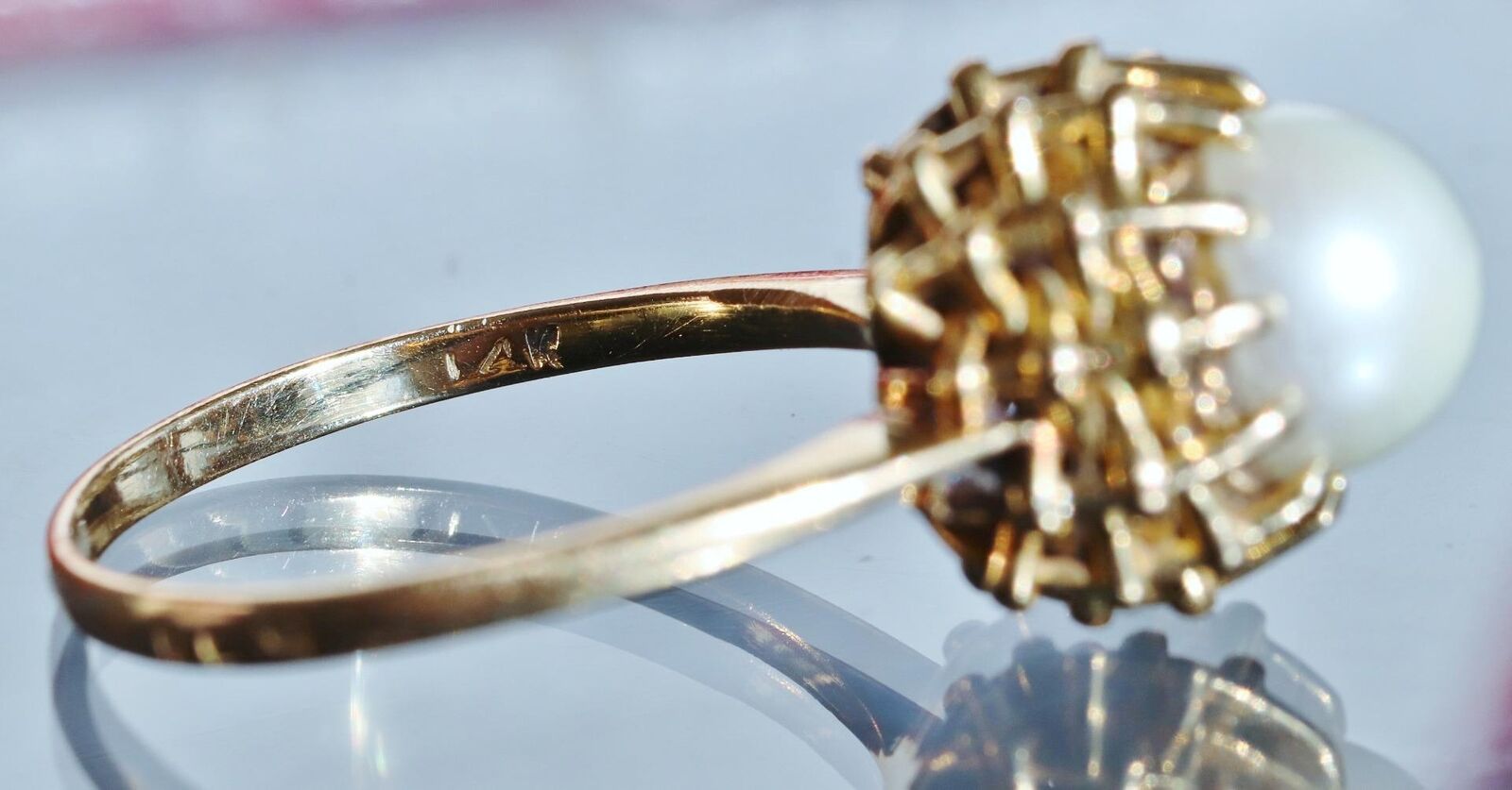 14k yellow gold ring 7.5mm cultured pearl size 6.5 handmade 1900's 4.1gr N3100F