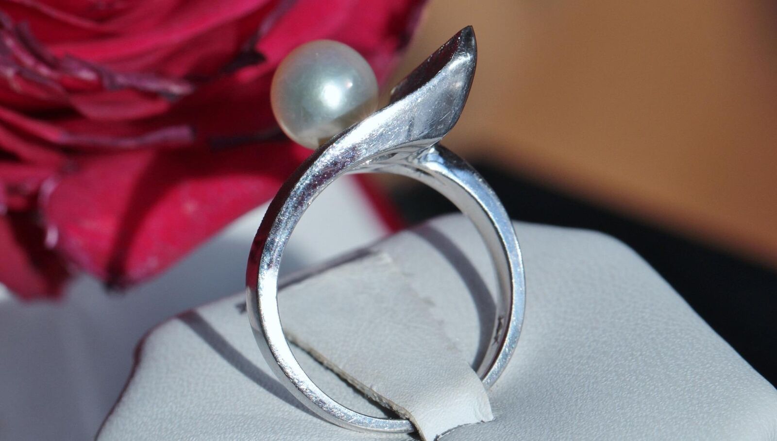 14k white gold 7mm cultured pearl & diamond ring size 5.5 handmade 1900's  6.0gr