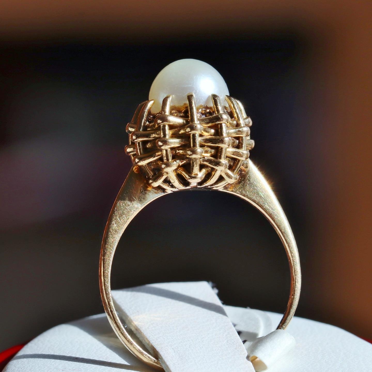 14k yellow gold ring 7.5mm cultured pearl size 6.5 handmade 1900's 4.1gr N3100F