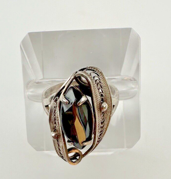Vintage Onyx Sterling Silver Filigree Sorrento Ring circa early to mid 1900s
