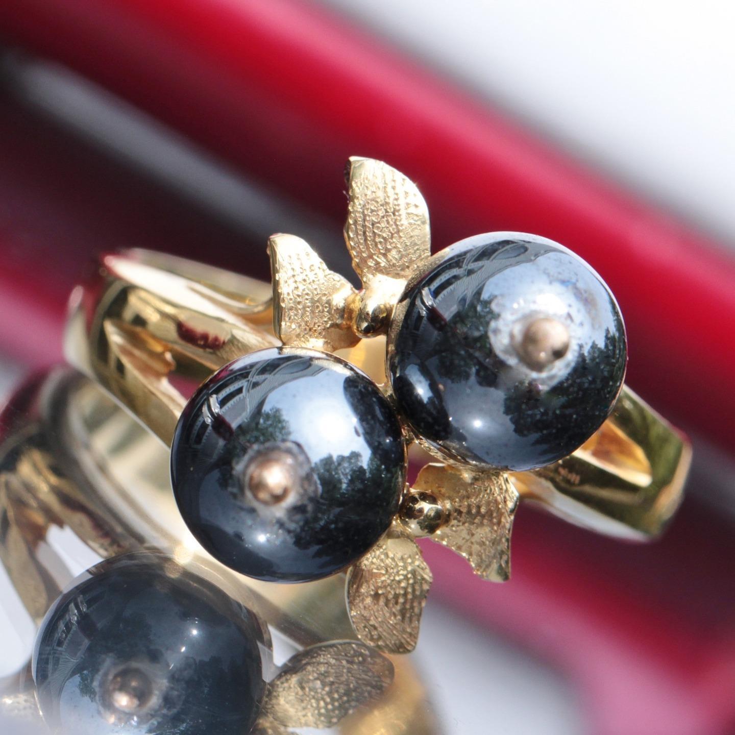 14k yellow gold ring 7.75mm hematite bead size 8.5 leaf 1900's handmade 7.65gr