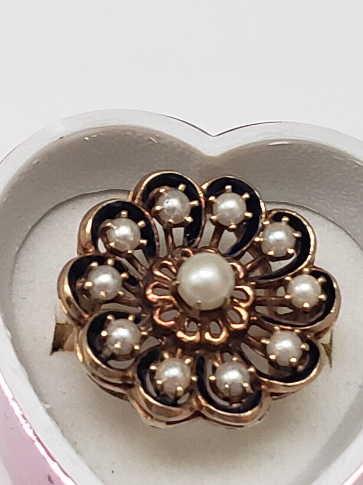 Antique 14k YG Designer "GH" Cultured Akoya Pearl Blue Enamel Ring, early 1900s