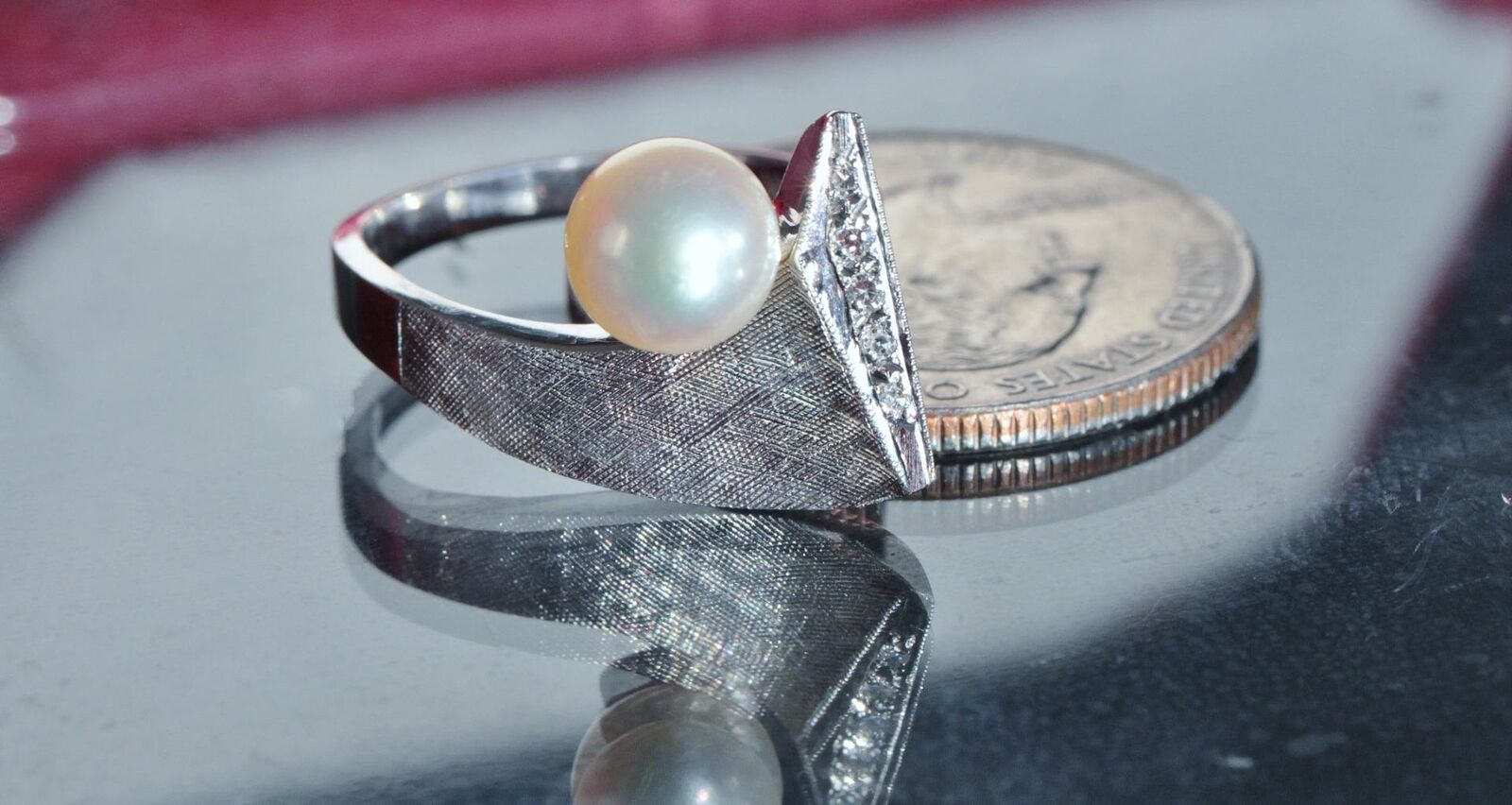 14k white gold 7mm cultured pearl & diamond ring size 5.5 handmade 1900's  6.0gr