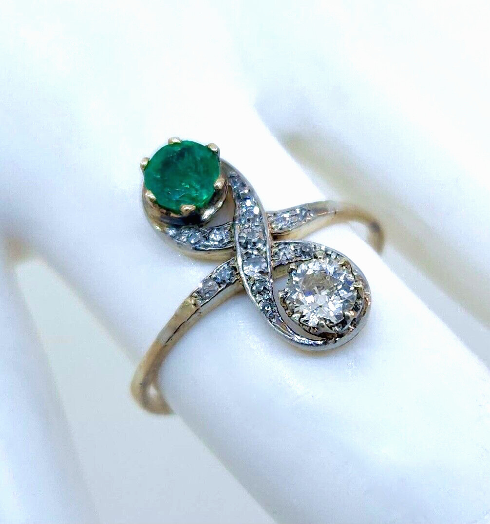 Antique Edwardian 1900's Diamond & Emerald Moi Et Toi Gold Ring