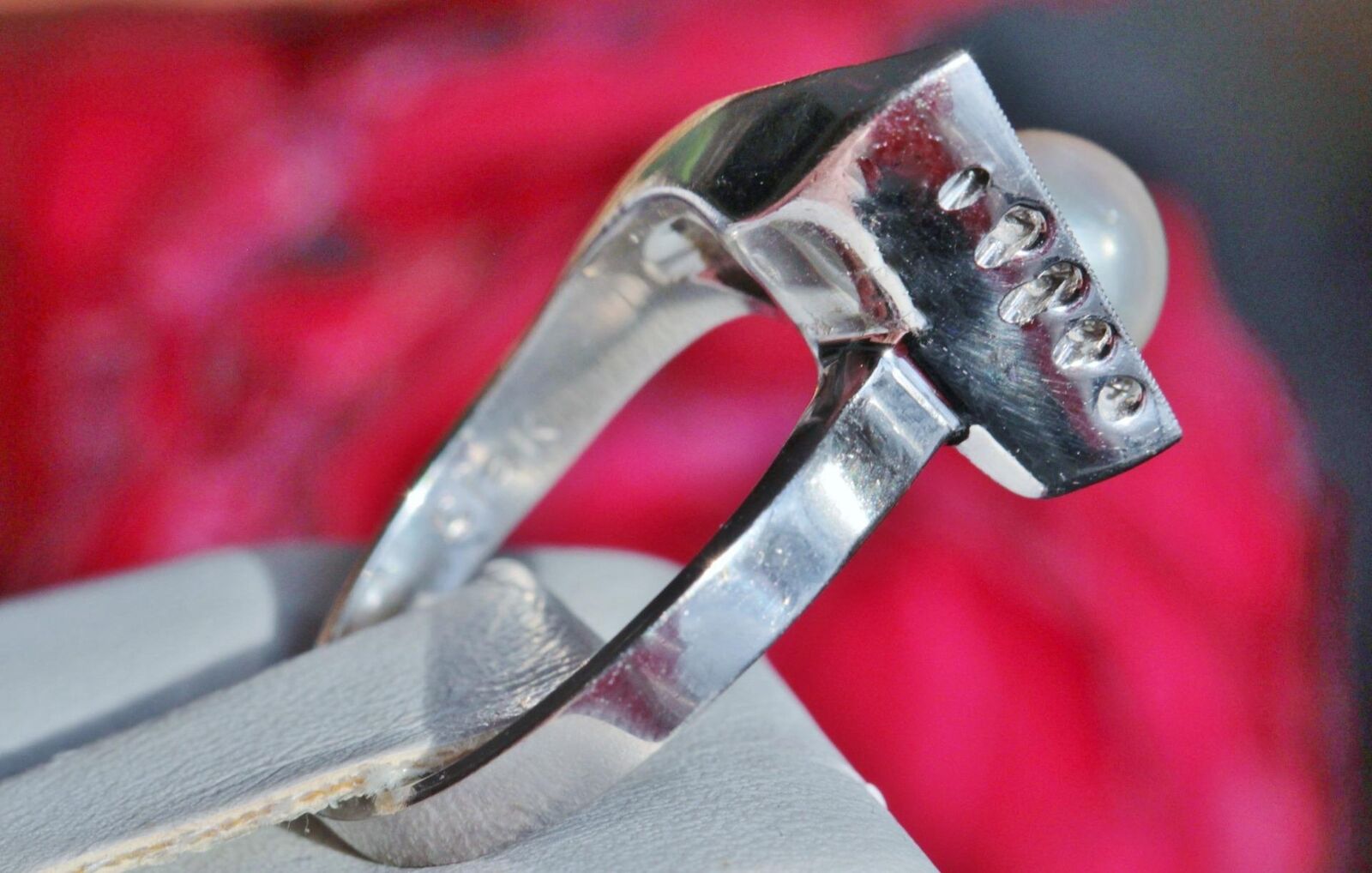 14k white gold 7mm cultured pearl & diamond ring size 5.5 handmade 1900's  6.0gr