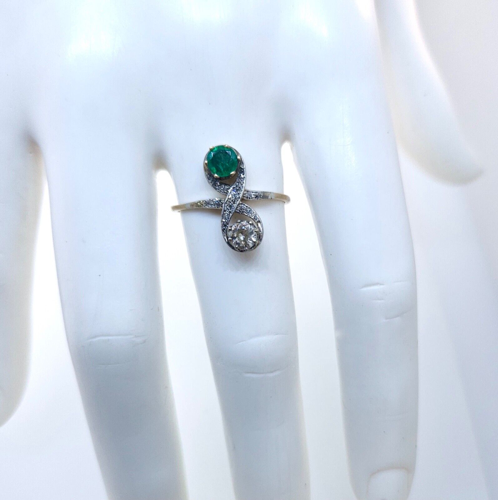 Antique Edwardian 1900's Diamond & Emerald Moi Et Toi Gold Ring