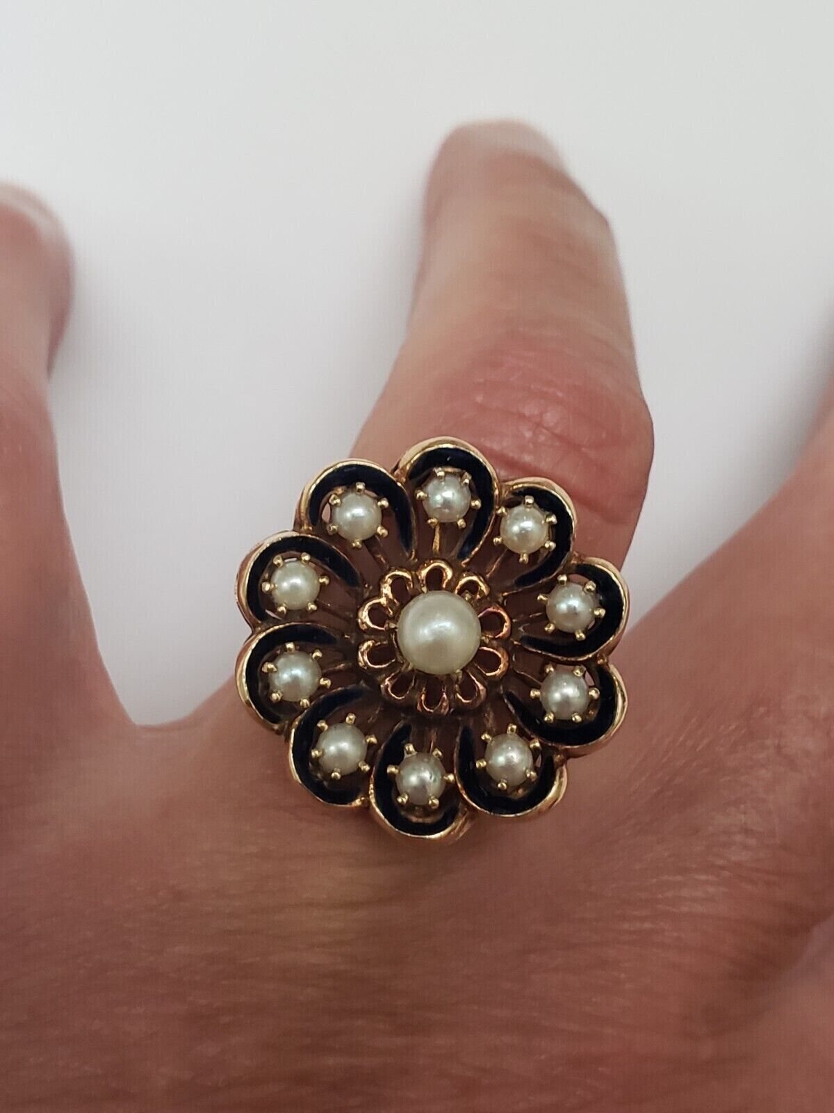 Antique 14k YG Designer "GH" Cultured Akoya Pearl Blue Enamel Ring, early 1900s