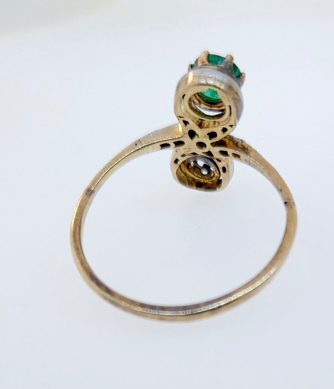 Antique Edwardian 1900's Diamond & Emerald Moi Et Toi Gold Ring