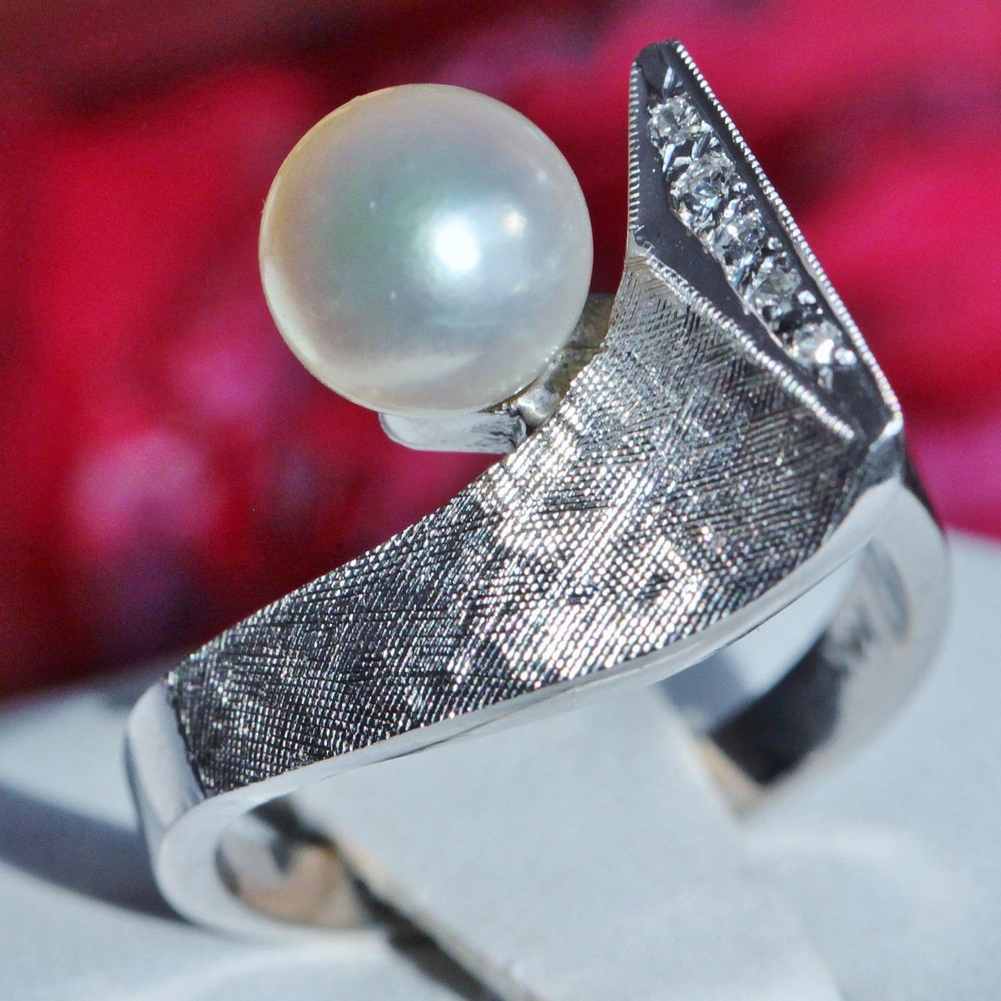 14k white gold 7mm cultured pearl & diamond ring size 5.5 handmade 1900's  6.0gr