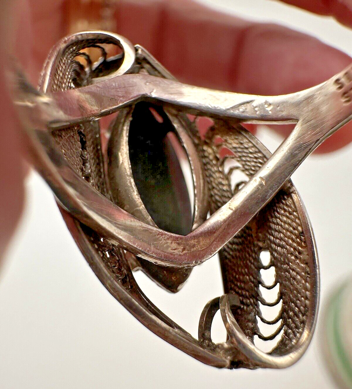 Vintage Onyx Sterling Silver Filigree Sorrento Ring circa early to mid 1900s