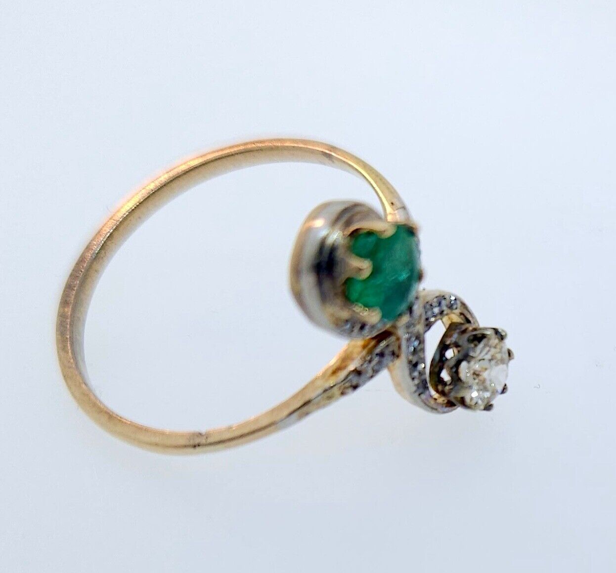 Antique Edwardian 1900's Diamond & Emerald Moi Et Toi Gold Ring