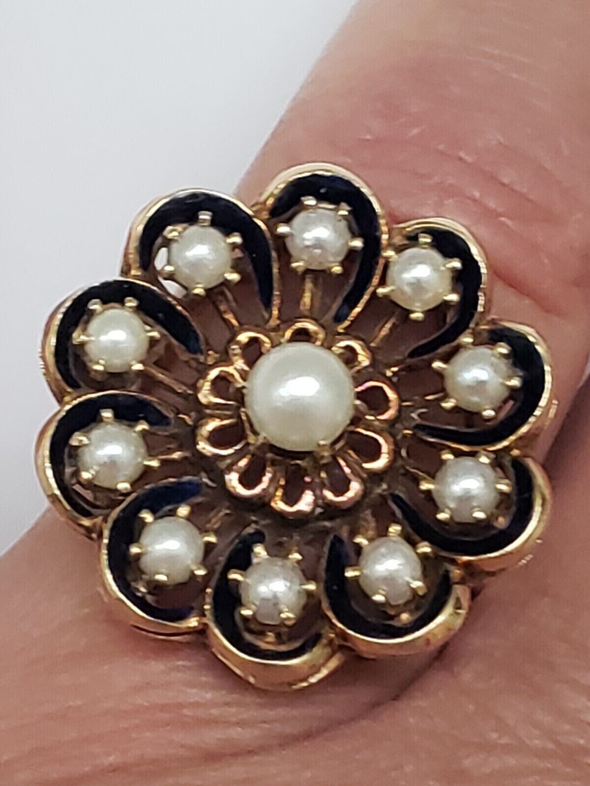 Antique 14k YG Designer "GH" Cultured Akoya Pearl Blue Enamel Ring, early 1900s