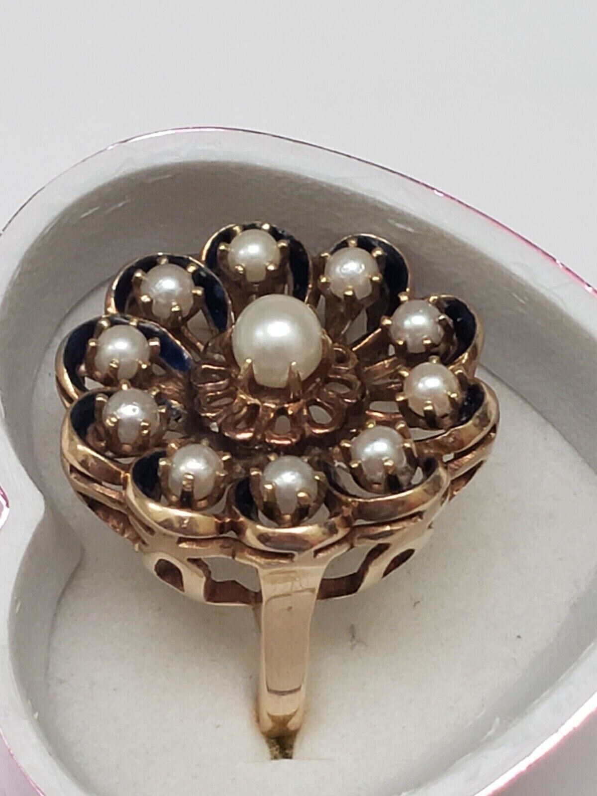 Antique 14k YG Designer "GH" Cultured Akoya Pearl Blue Enamel Ring, early 1900s