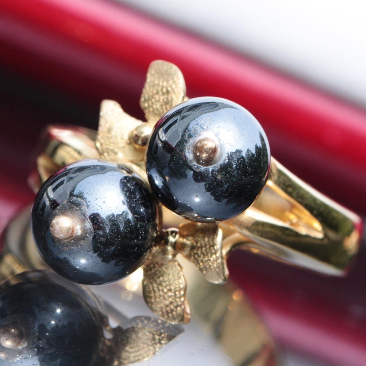 14k yellow gold ring 7.75mm hematite bead size 8.5 leaf 1900's handmade 7.65gr