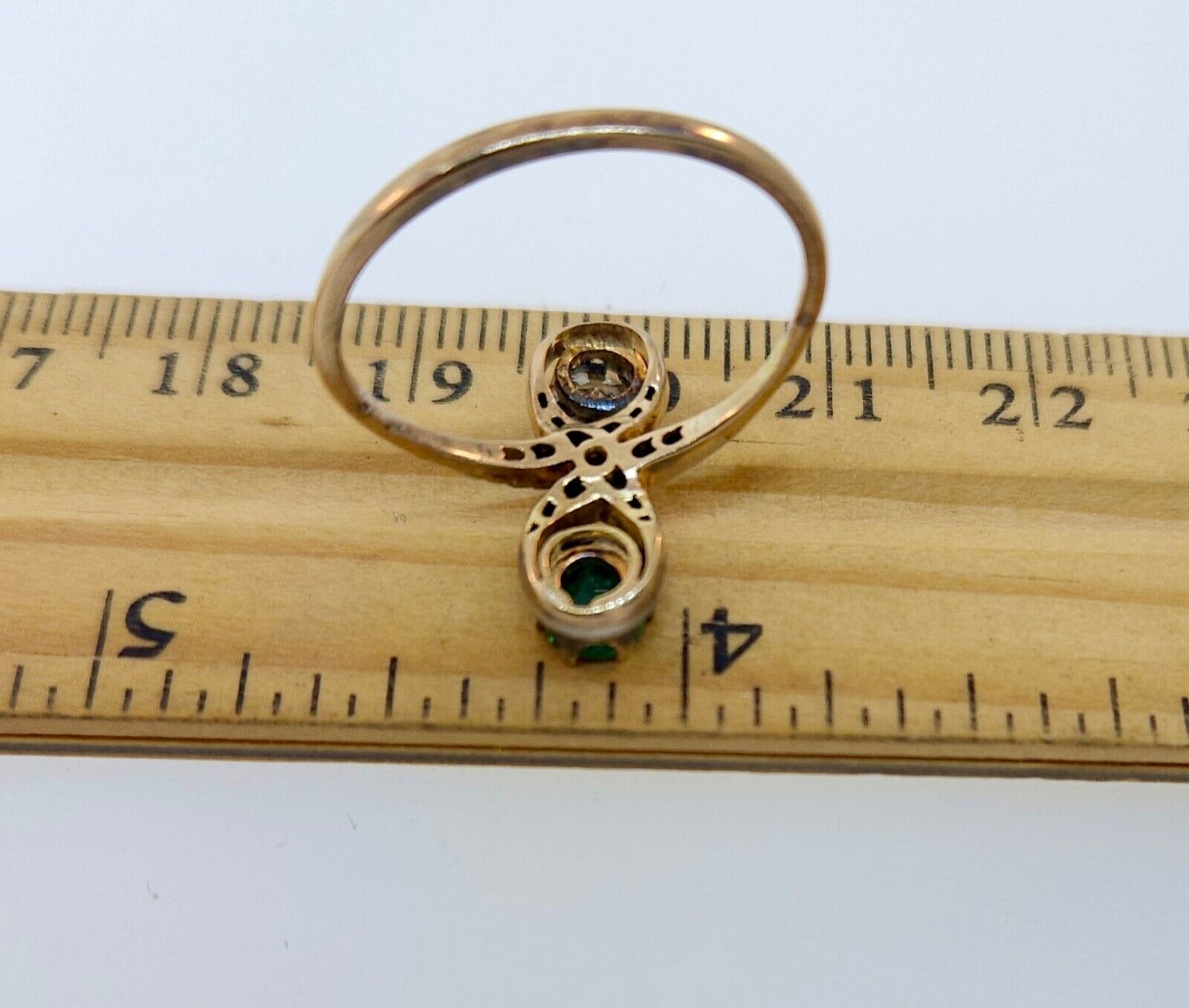 Antique Edwardian 1900's Diamond & Emerald Moi Et Toi Gold Ring