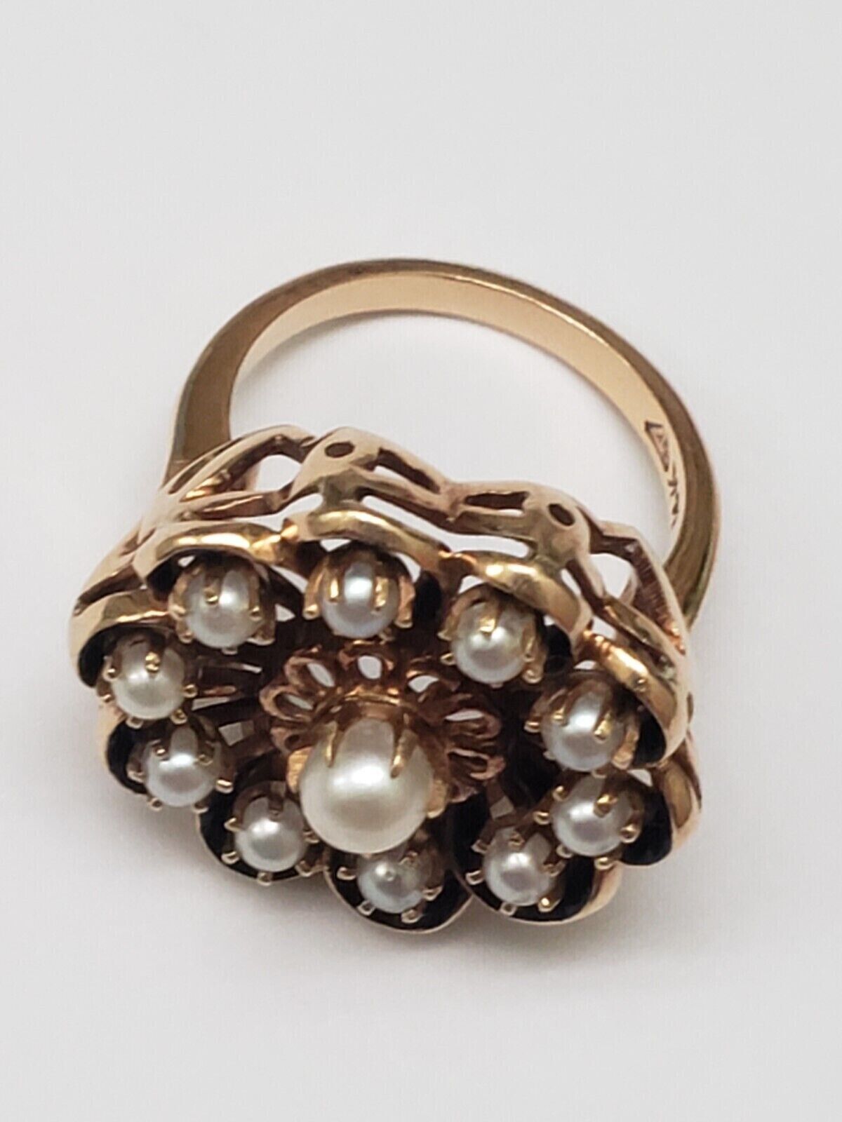 Antique 14k YG Designer "GH" Cultured Akoya Pearl Blue Enamel Ring, early 1900s