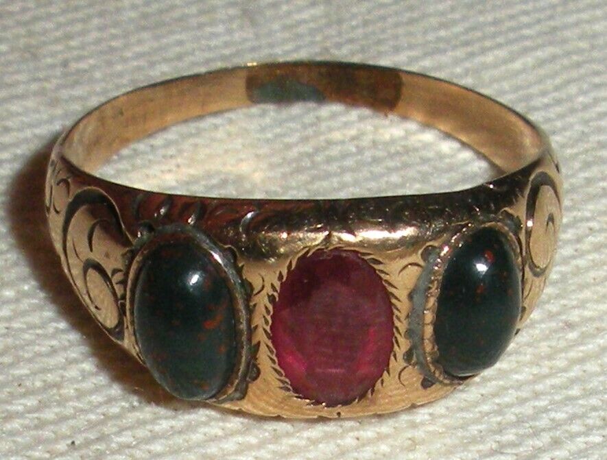 ANTIQUE 1800s 10K VICTORIAN RUBY & BLOODSTONE ENGAGEMENT RING SIZE 7 tuvi