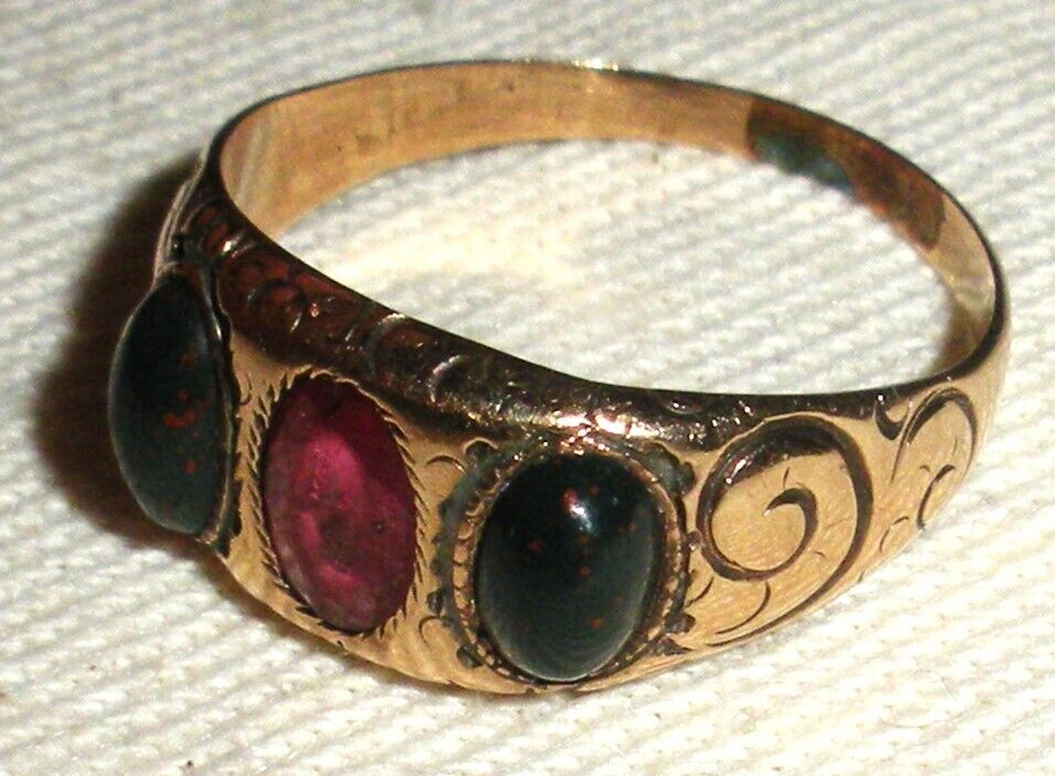 ANTIQUE 1800s 10K VICTORIAN RUBY & BLOODSTONE ENGAGEMENT RING SIZE 7 tuvi