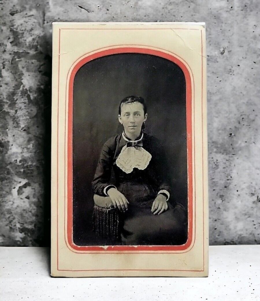 Woman Bib Style Scarf & Bow 1800s Ferreotype Orig Photo TinType Civil War Era