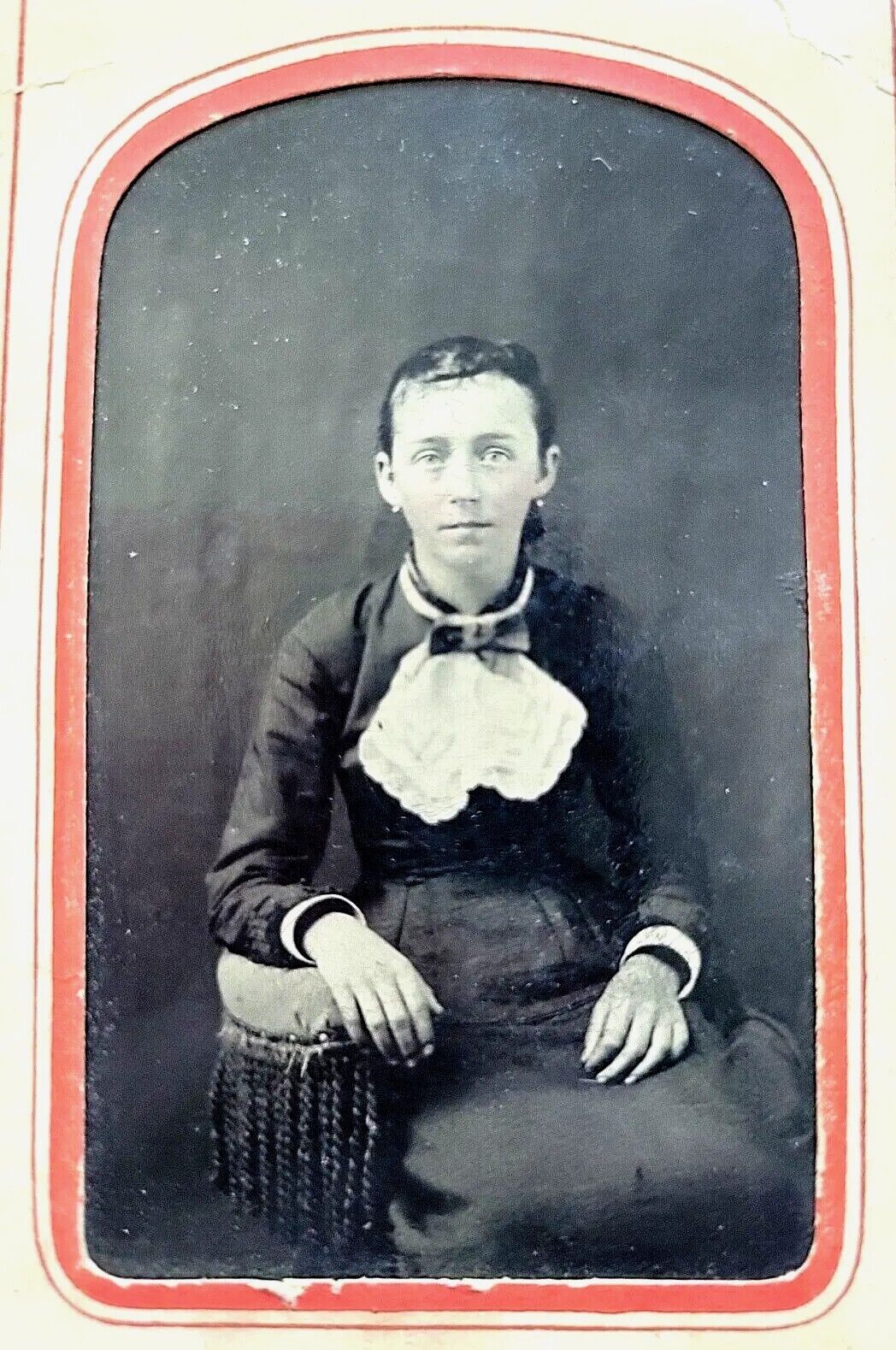 Woman Bib Style Scarf & Bow 1800s Ferreotype Orig Photo TinType Civil War Era