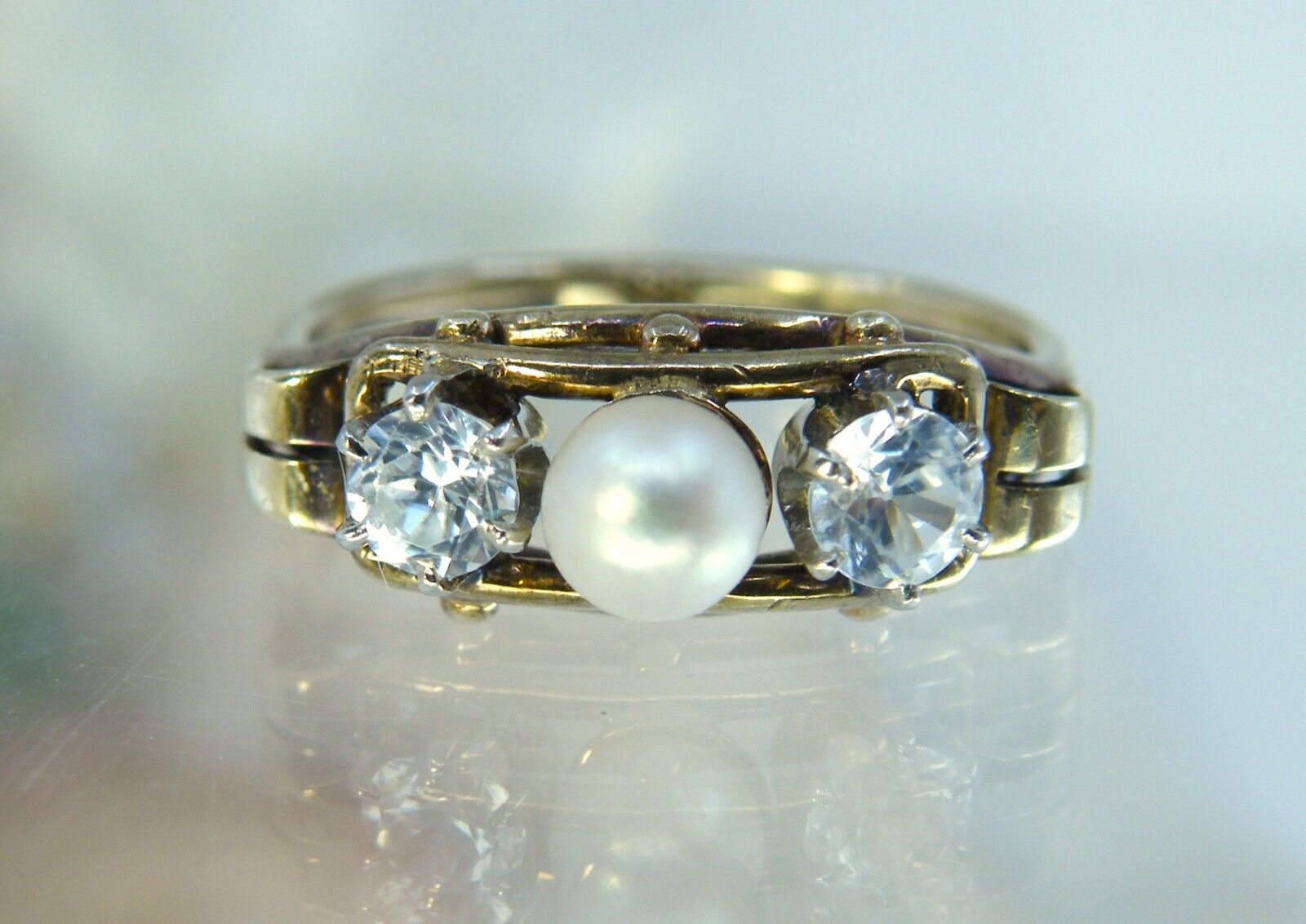 8k Gold Antique 1900's White Topaz & 4mm Peal RING Band 6.75 Fascinating Design