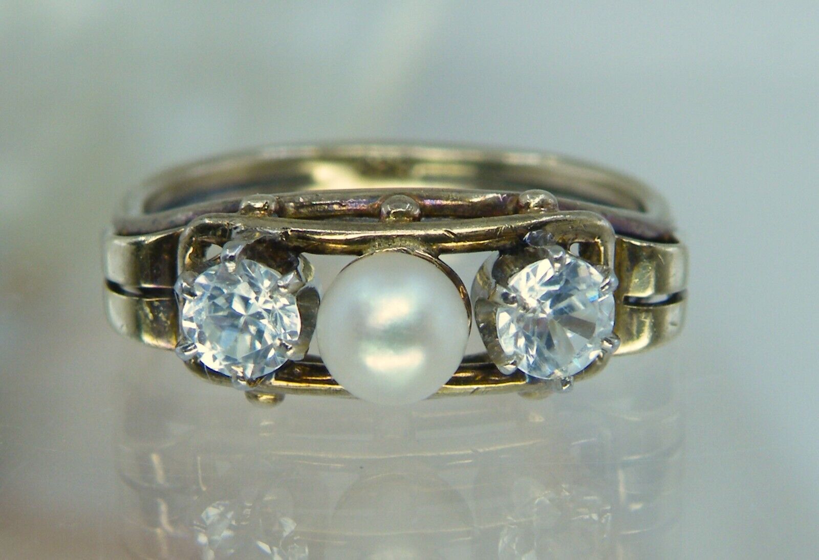 8k Gold Antique 1900's White Topaz & 4mm Peal RING Band 6.75 Fascinating Design