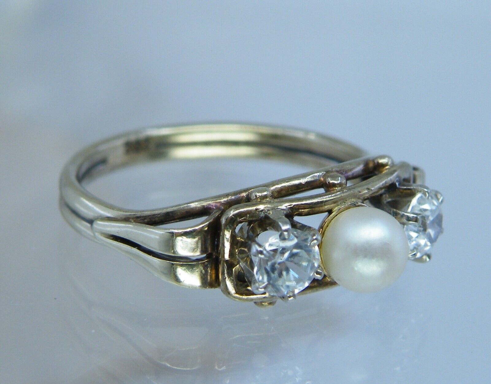 8k Gold Antique 1900's White Topaz & 4mm Peal RING Band 6.75 Fascinating Design