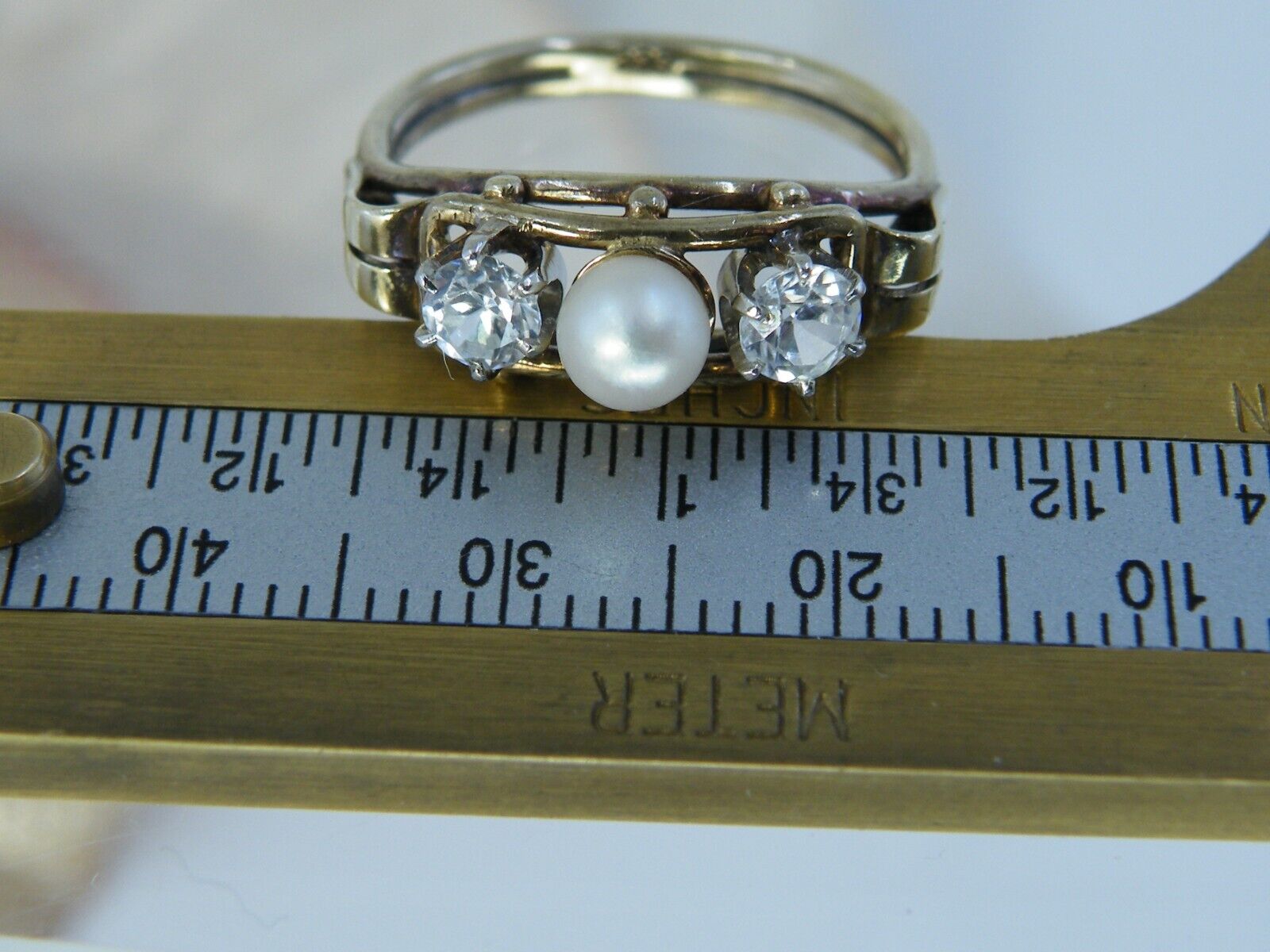 8k Gold Antique 1900's White Topaz & 4mm Peal RING Band 6.75 Fascinating Design