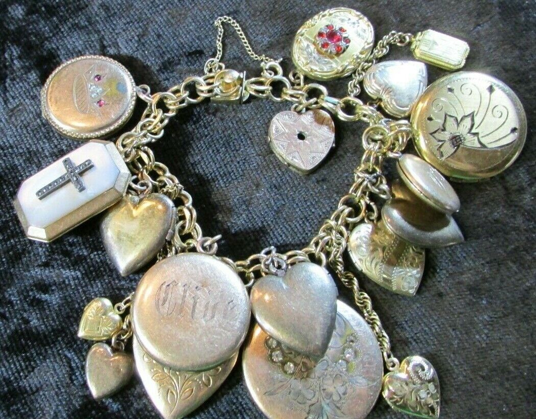 RARE 1800's Gold Victorian Heart Locket Charm bracelet 18 Lockets 88.7 grams