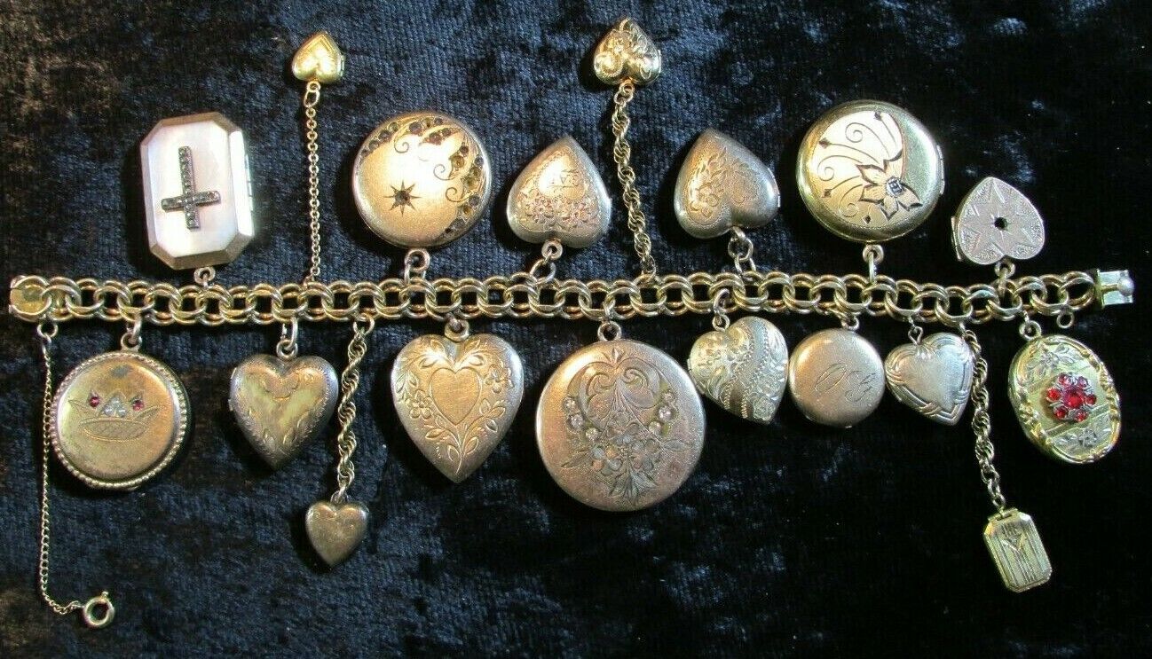 RARE 1800's Gold Victorian Heart Locket Charm bracelet 18 Lockets 88.7 grams