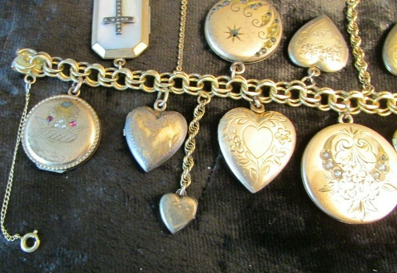 RARE 1800's Gold Victorian Heart Locket Charm bracelet 18 Lockets 88.7 grams
